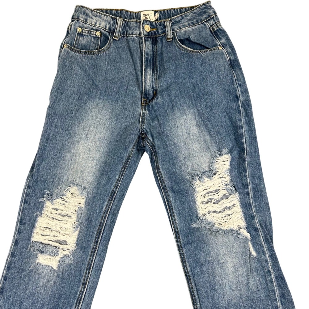 Princess Polly High Waisted Distressed Straight Leg Jeans Blue Denim Womens US 4